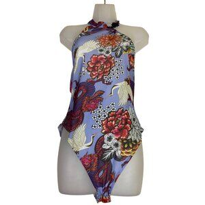 Fashion Nova‎ Asian Dragon Floral Bodysuit Periwinkle Blue Size Large Sexy Sheer